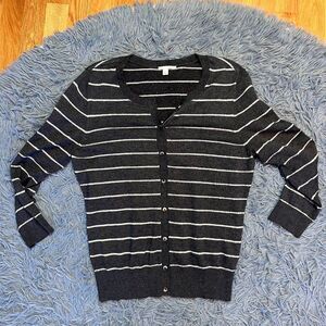 Halogen Gray White Striped Metallic Button Down Cardigan Size M